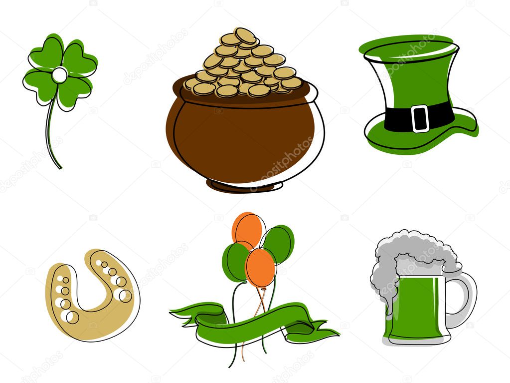 Saint Patrick's Day symbols vector set isolated on white.