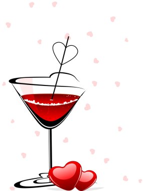 Heart shaped wine glasses filled with love wine. Vector illustr clipart