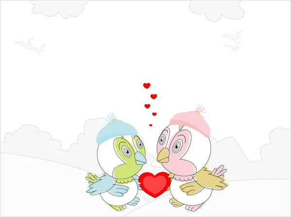 Coppia di uccelli d'amore con un cuore rosso che mostra amore.Vector Illust — Vettoriale Stock