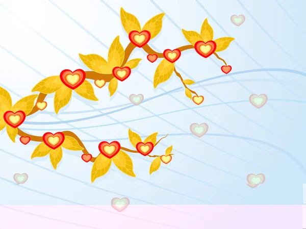 Branche de feuilles décoratives et de beaux cœurs. vecteur illustr — Image vectorielle