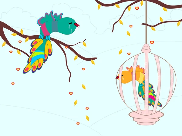 Huilen vogels in een kooi. vectorillustratie. — Stockvector