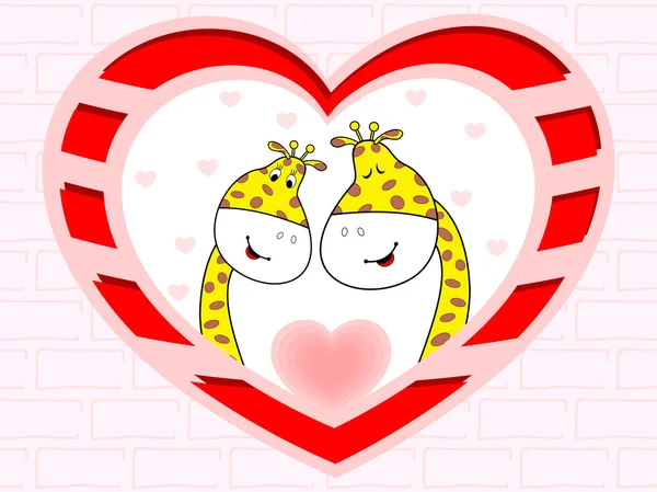 矢量插图的长颈鹿情侣在爱的心形状 bac — 图库矢量图片