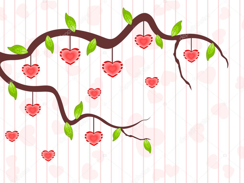 A love tree having hanging heart shapes. Vector illustration.