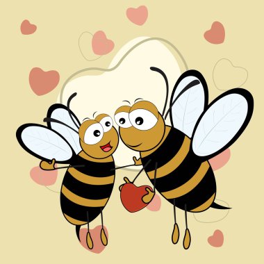 Cute bee couple holding a heartin on brown color seamless heart clipart