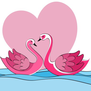 Two swans on a lake in setting heart conceptual illustration clipart