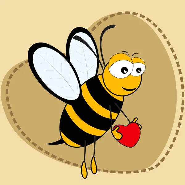 Cute bee holding a heartin on brown heart shape background. — Stock Vector