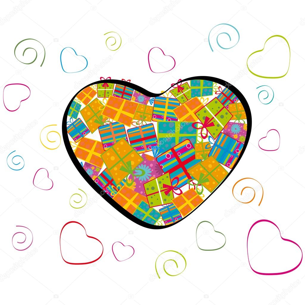 Vector illustration of a heart shape fill up with gift boxes.