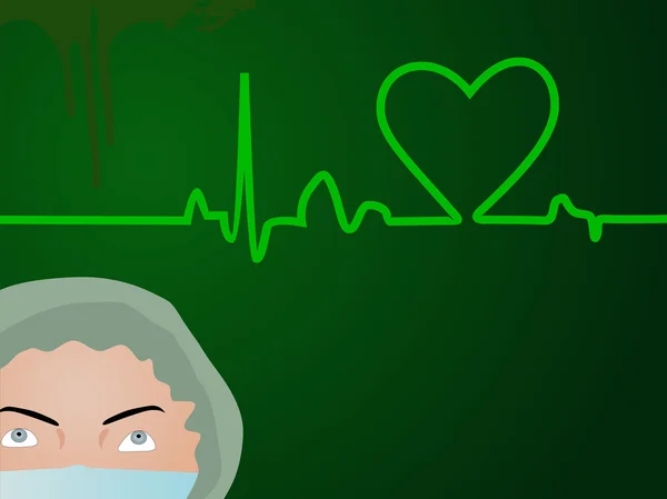 Καρδιακών παλμών σε πράσινο φόντο με νοσοκόμα. — Διανυσματικό Αρχείο