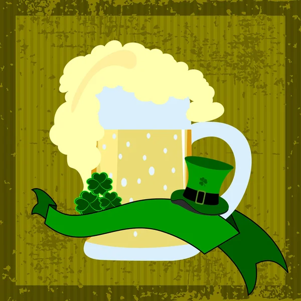 Ölglas med hattar, klöver och ett band för st. patrick's day på — Stock vektor