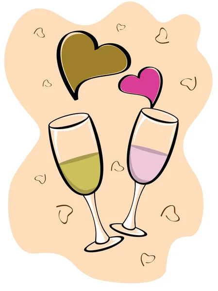 Valentine vector background with two glasses of wine and heart s — Stock Vector