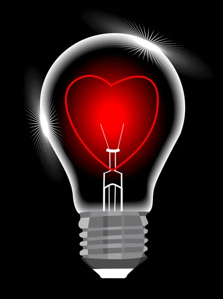 Glühbirne mit Herz vor schwarzem Hintergrund, abstrakter Vektor — Stockvektor