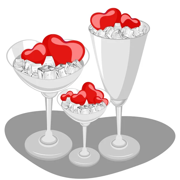 Coeurs dans un verre de vin avec glaçon. Illustration vectorielle . — Image vectorielle