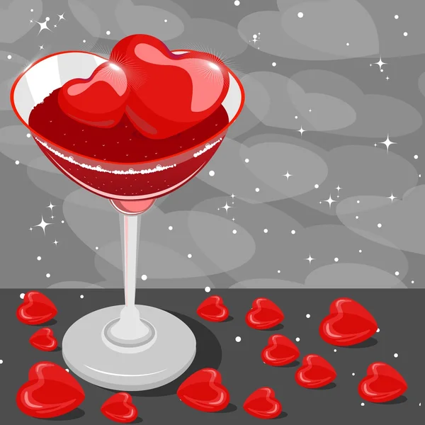 Heart wine glas fill with wine and heart ice cube on gray heart — Stock Vector