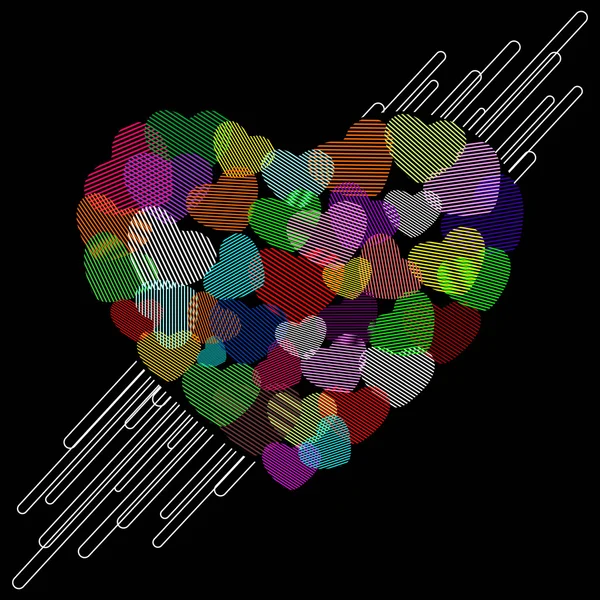 艾菲尔铁塔的黑色背景上的一个多彩的心形状矢量插画 — 图库矢量图片