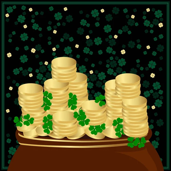 A group of gold coins with bright shamrocks leafs on background. — Stock Vector