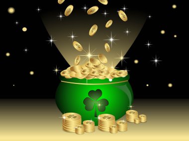 Night background with cauldron having gold coins for St. Patri clipart