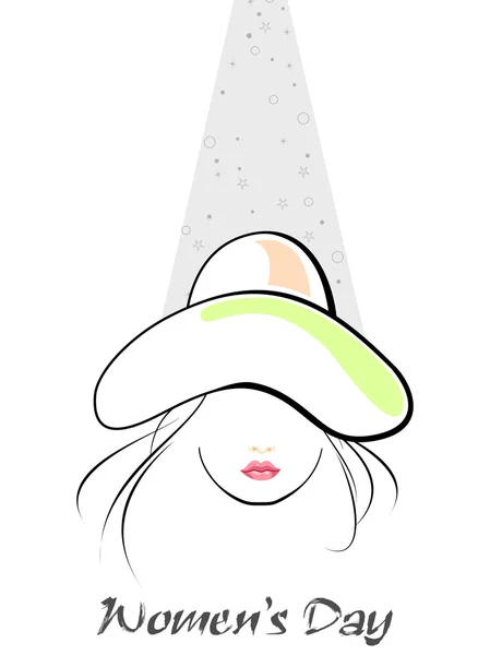 Νεαρό κορίτσι με το όμορφο καπέλο με το κείμενο της ημέρας της γυναίκας. — Διανυσματικό Αρχείο