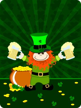 St.Patricks day card with leprechaun having beer mugs and gold clipart