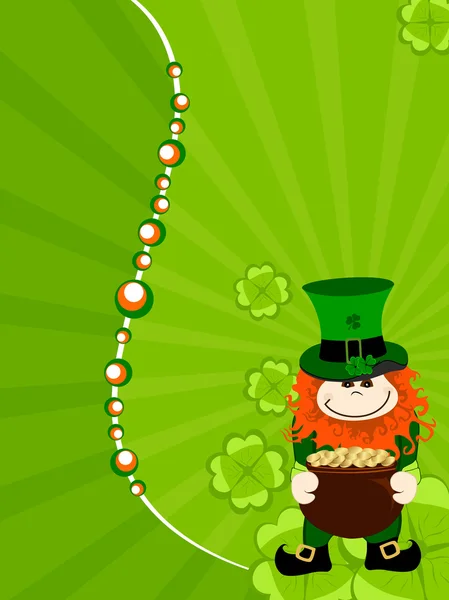 St. Patricks Tageskarte mit Kobold mit Goldmünze — Stockvektor