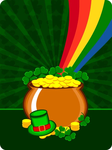 Ketel met gouden munten en hoed regenboog gelet op de achtergrond shamrocks — Stockvector