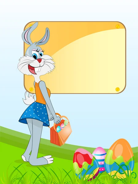 Векторний великодній кролик з різнокольоровими яйцями та місце для тексту . — стоковий вектор