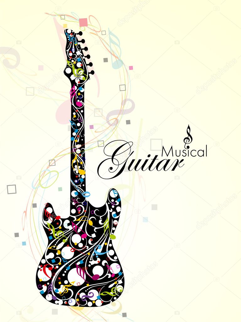 Abstract colorful guitar with florels and notes. vector