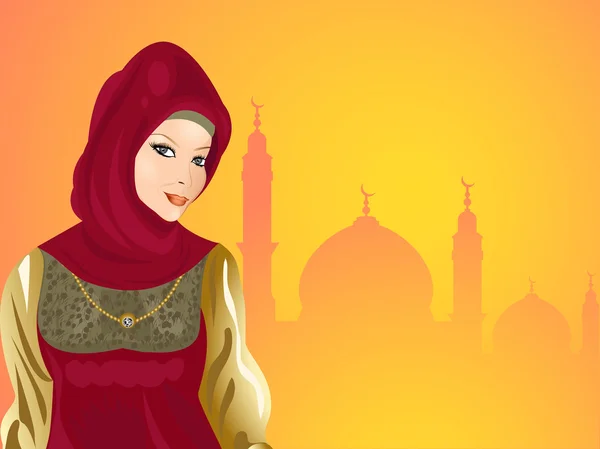 Jonge lachende mooi moslim-meisje met naadloze moskee backgro — Stockvector