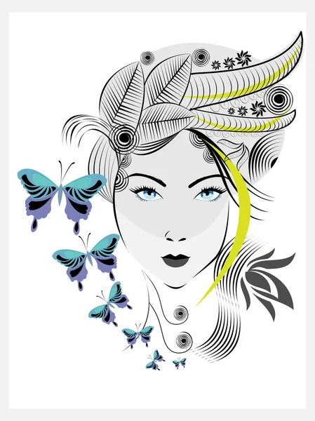 Mujer abstracta con estilo de pelo elegante y mariposas azules . — Vector de stock