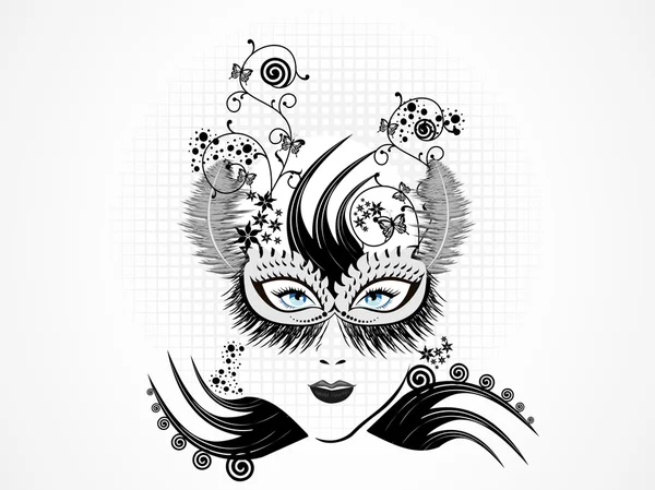 Máscara de mujer abstracta con plumas blancas y negras, visita nuestro puerto — Vector de stock