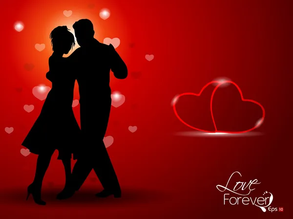Tanzende Paarsilhouette mit Herzen auf rotem Hintergrund. Vektor. — Stockvektor