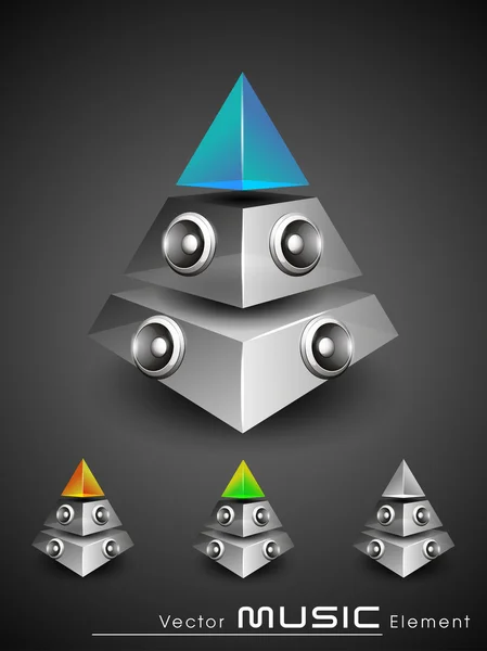 Pyramide de musique 3d avec haut-parleurs et transparence et effet brillant — Image vectorielle