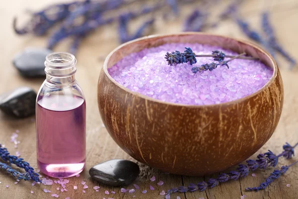 Herbal salt lavender and spa stones — Stockfoto