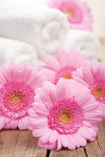 Towels and flowers for spa — Stockfoto