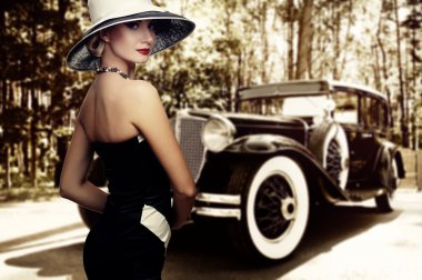 Woman in hat against retro car clipart