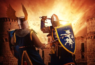 Knights fighting agaist medieval castle. clipart