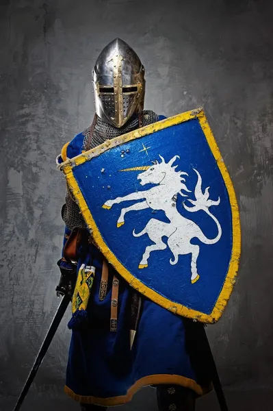 Medieval knight on grey background. — Stock Photo, Image