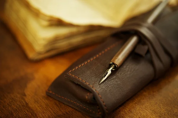 Quill penna nära en vintage bok — Stockfoto