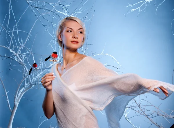 Vrouw in het winterbos — Stockfoto