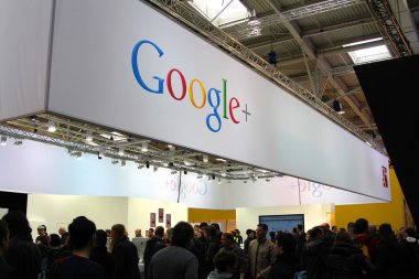 HANNOVER, GERMANY - MARCH 10: stand of Google+ on March 10, 2012 at CEBIT computer expo, Hannover, Germany. CeBIT is the world's largest computer expo. clipart