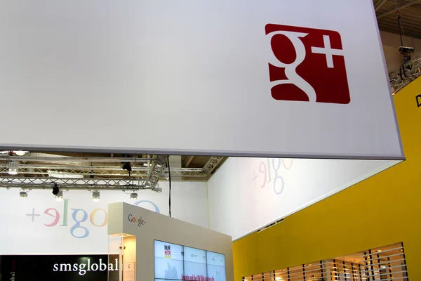 HANNOVER, GERMANY - MARCH 10: stand of Google+ on March 10, 2012 at CEBIT computer expo, Hannover, Germany. CeBIT is the world's largest computer expo. — Stock Photo, Image