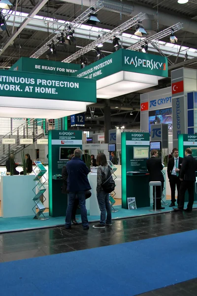 HANNOVER, GERMANY - MARCH 10, 2012: stand of the Kaspersky Lab in CEBIT computer expo, Hannover, Germany. CeBIT is the world's largest computer expo. Kaspersky Lab is a Russian computer security — Stock Photo, Image