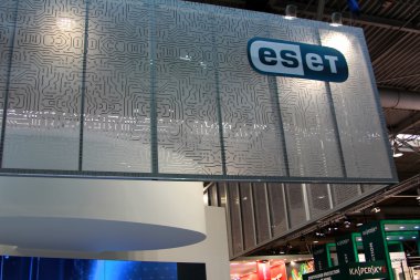HANNOVER, GERMANY - MARCH 10: stand of Eset on March 10, 2012 in CEBIT computer expo, Hannover, Germany. CeBIT is the world's largest computer expo. clipart