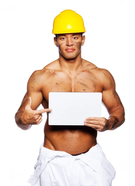 Imagen de sexy macho sosteniendo signo en blanco — Foto de Stock