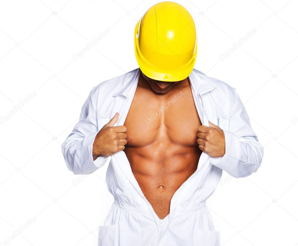 Image of young handsome builder posing
