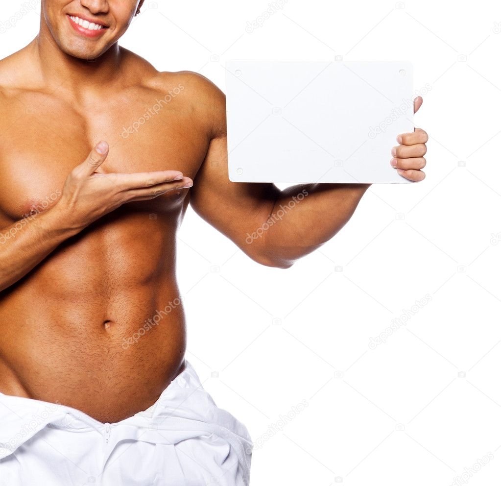 Image of sexy male holding blank sign