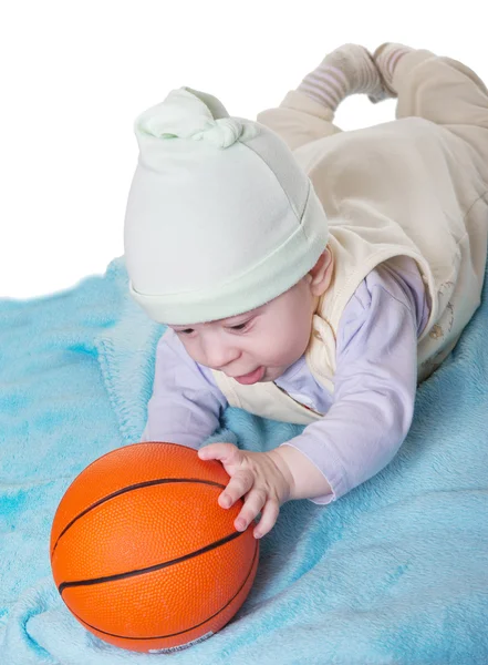 stock image Cute little baby with basketball ball