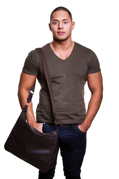 Bild eines sexy Mannes mit Tasche — Stockfoto