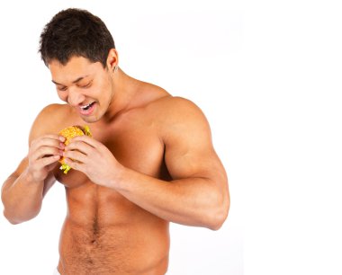 Man eating hamburger over white clipart