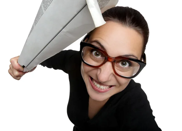 Funny girl v brýlích s novinami — Stock fotografie