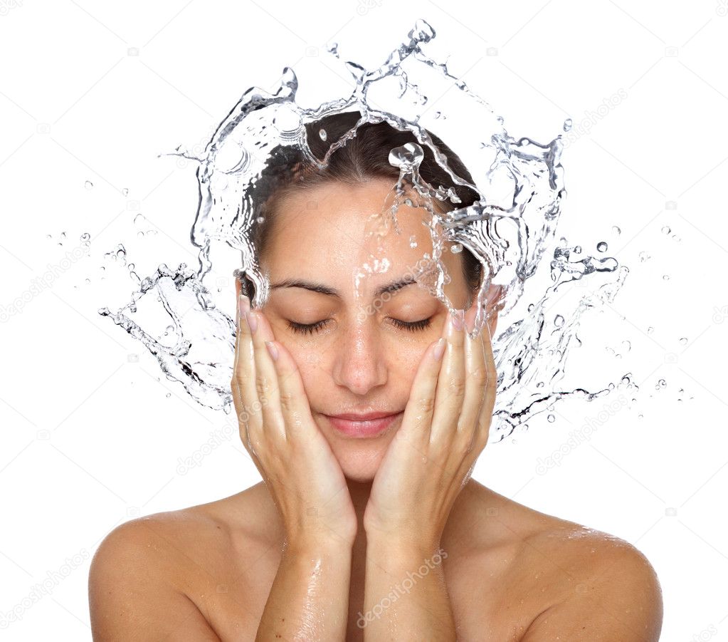 Wet woman face with water drops